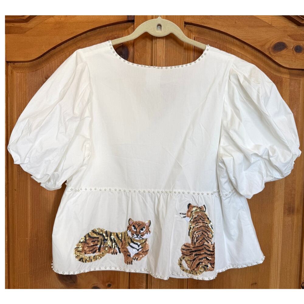 Queen of Sparkles White Sequin Tiger Blouse Peplum Babydoll Top Pearls, Large - Picture 3 of 6